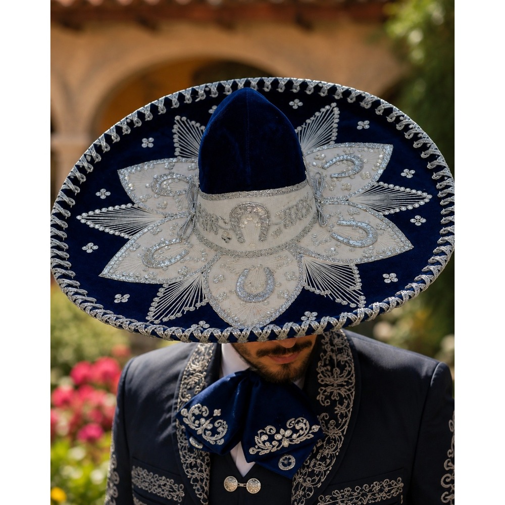 Pigalle 7X Sombrero Mariachi Hat Navy Blue Silver Velvet Mexican Charro 24"